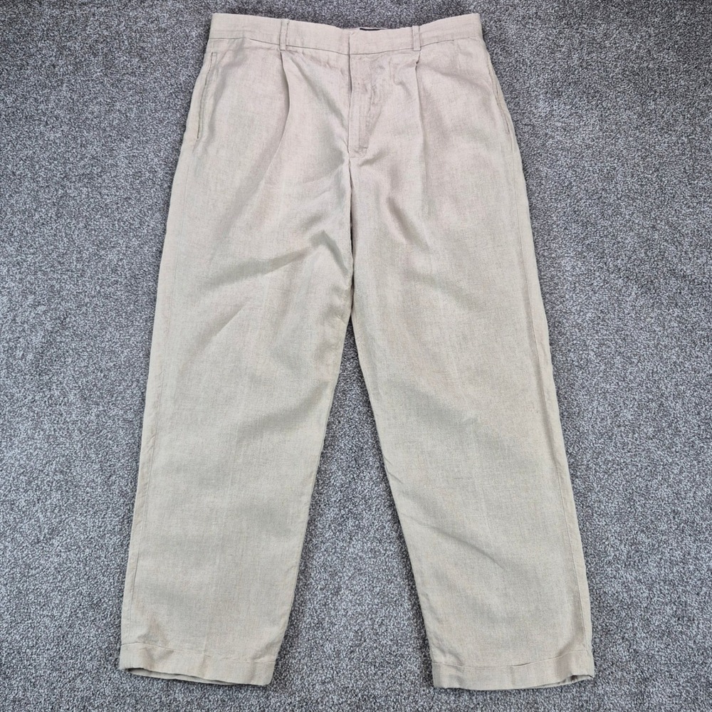 Eddie Bauer 100% Linen Pants Mens 35 Beige Pleated Cuffed Trousers